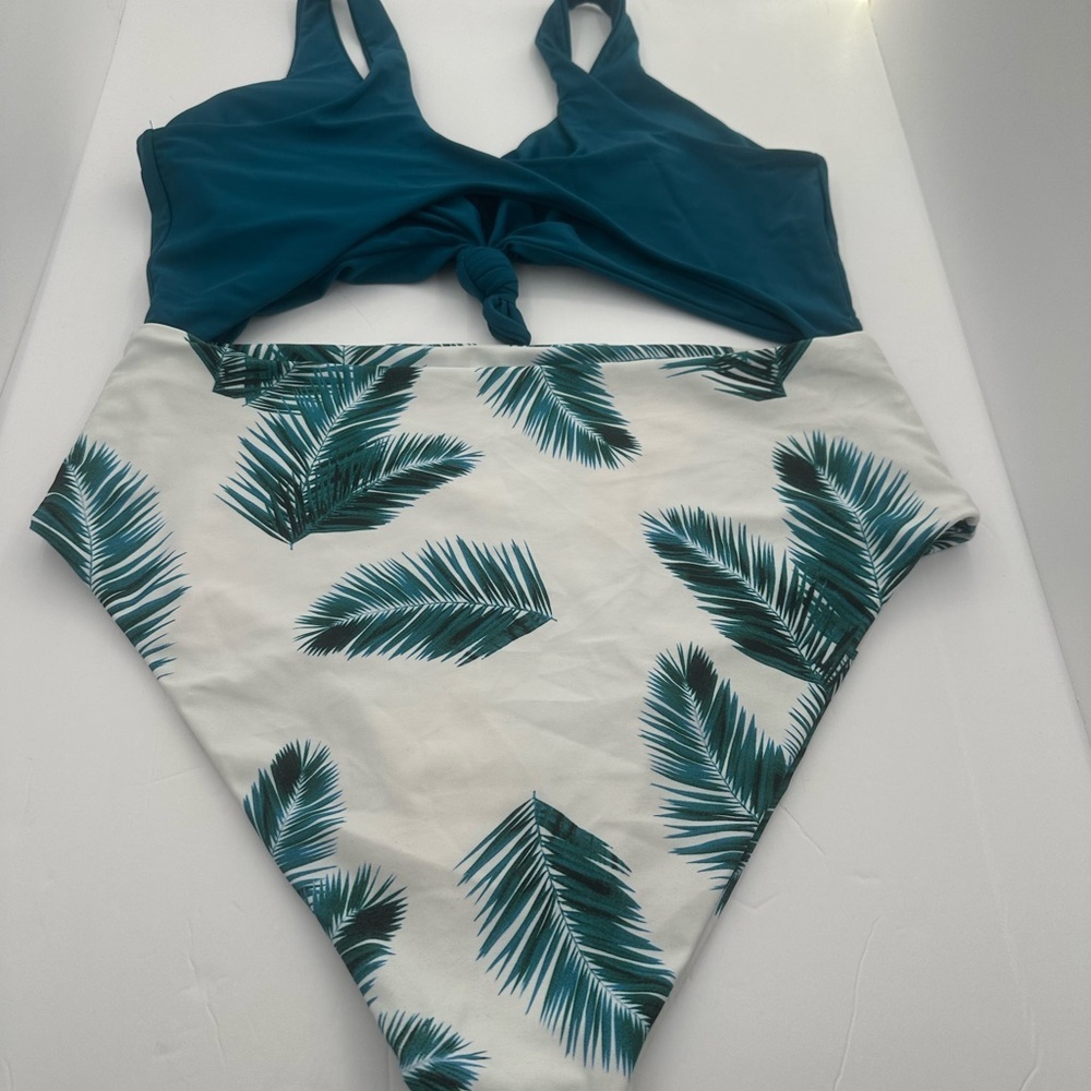Teal Knot Front One-Piece Swimsuit with Palm Print Size XL - Picture 2 of 5